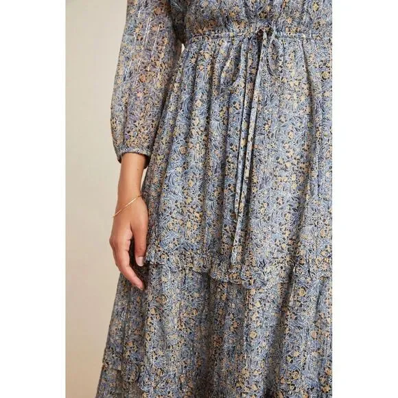 Anthropologie Kira Off-the-Shoulder Peasant Dress Blue Floral 6P - Picture 3 of 10